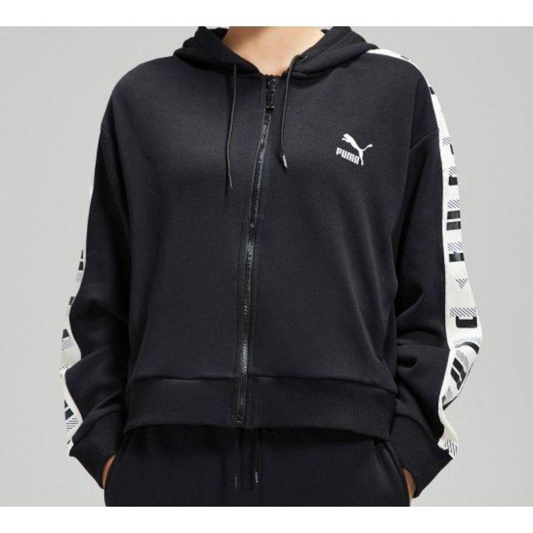 Puma Logo Embroidered Knit Hooded Zip Jacket Women Jackets Black 578594-01