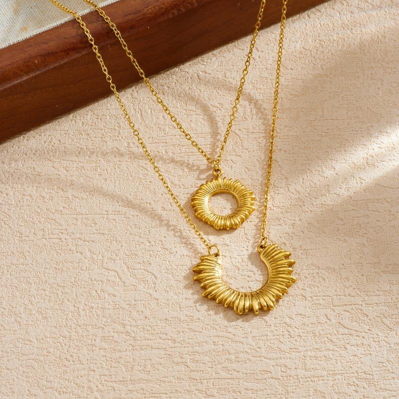 Gold Plated Stainless Steel Layered Sunburst Pendant Necklace for Women