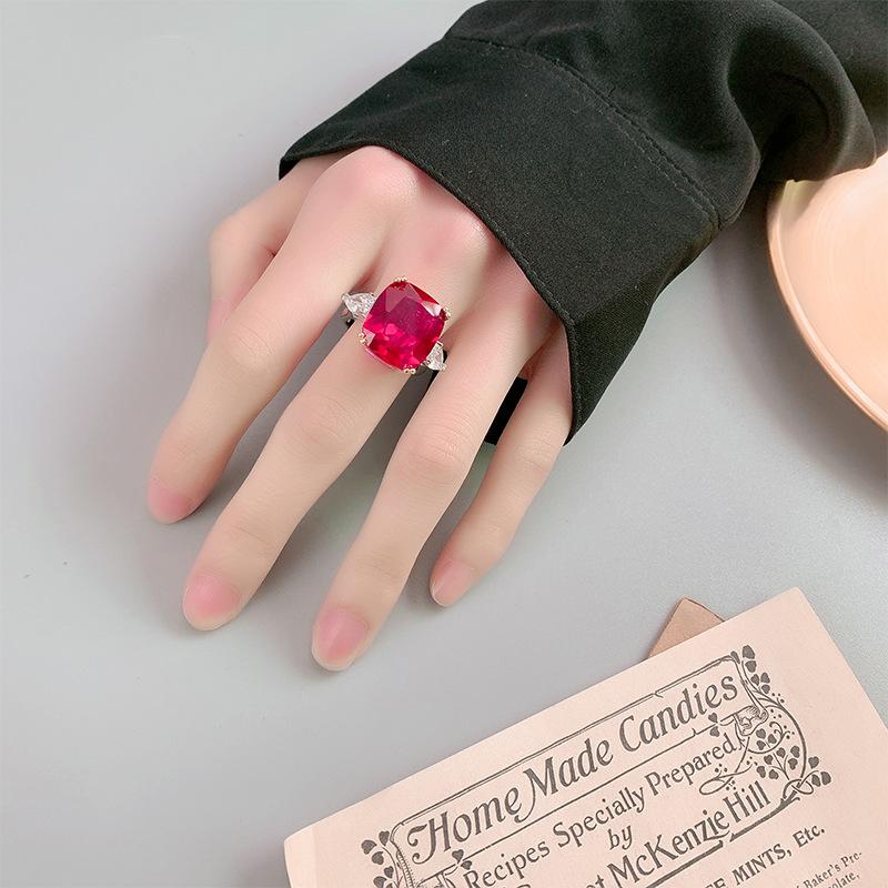 Jewelry Copper Bottom Gold-Plated Simulation Color Treasure Corundum Fat Rectangular Simple Ring Female 14 * 16