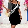 Women Plus Size One Shoulder Strappy Short Sleeve Black White Printed Loose Dress