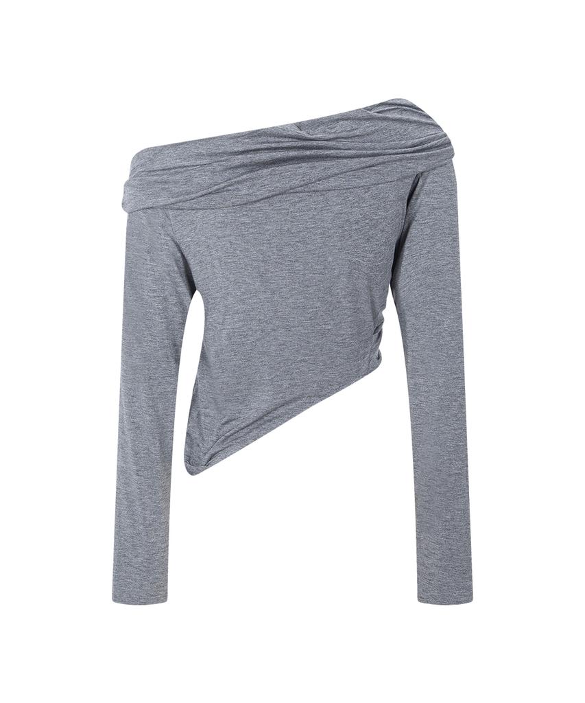 PLEASENOFOLLOW Bree Unbal Shirring Long Sleeve Top (Melange Charcoal)