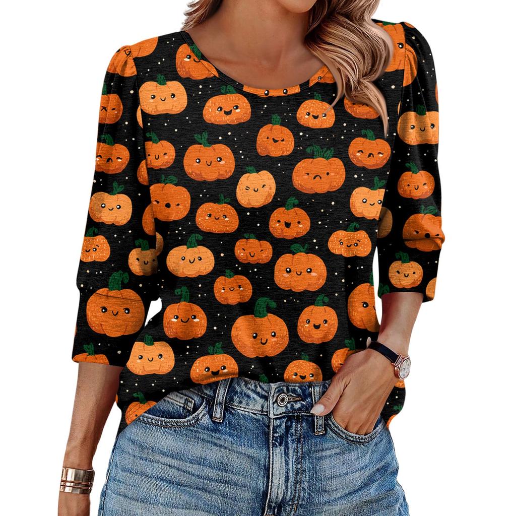 Women's Fashionable Casual Round Neck Seven Quarter Sleeve Halloween Printed Bubble Sleeve Top
