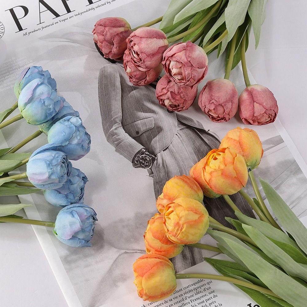 7 Heads Artificial Tulip Branches Real Touch Handmade Silk Tulip Flower Realistic Fake Flowers Wedding Party Decor