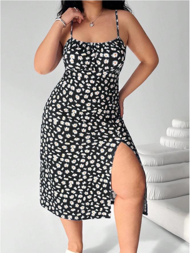 High-Quality Daisy Print Sexy Suspender Dress with Adjustable Buckle