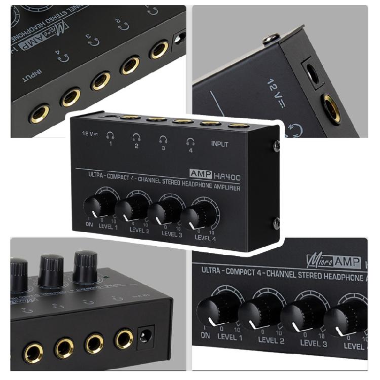 4 Channel Headphone Amplifier Headphones Mixer with DC12V Power Supply and Flexible Input/Output Connection