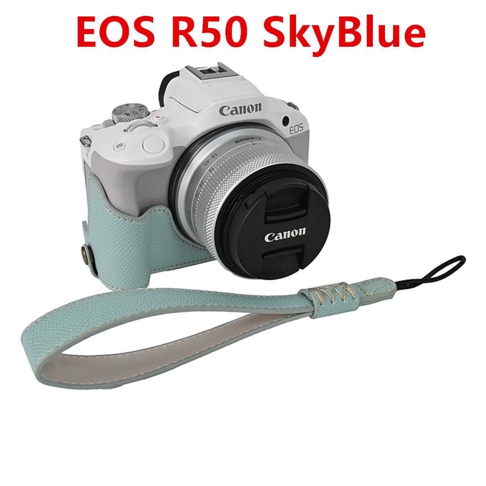 Palm Print PU Leather Camera Half Case For Canon EOS R50 R10 R8 Battery Opening Bottom Cover With Hand Strap