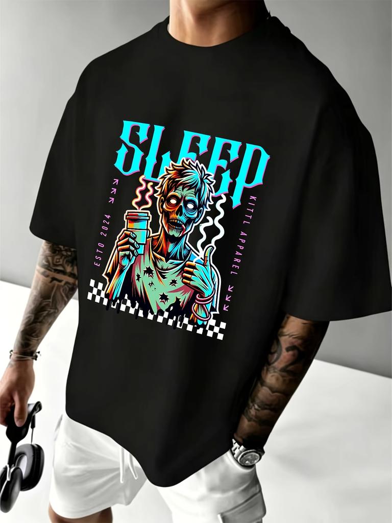 1PC Men' Retro Zombie Coffee & Typography Graphic T-Shirt - Short Sleeve Round Neck Casual Stre