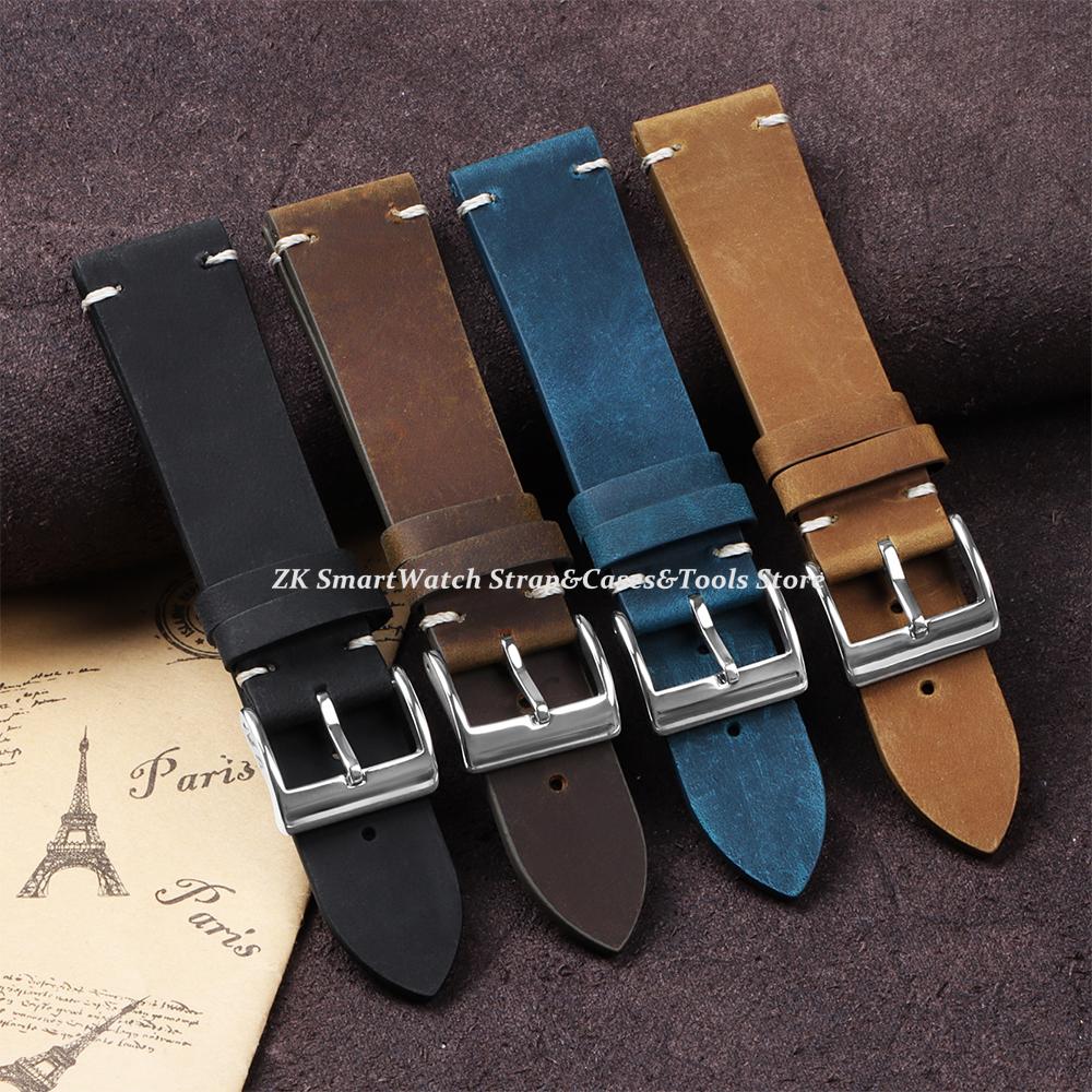 Vintage Oil Wax Leather Watch Band Handmade Stitching Cowhide Strap 18mm 20mm 21mm 22mm for Omega for Seiko Smartwatch Wristband