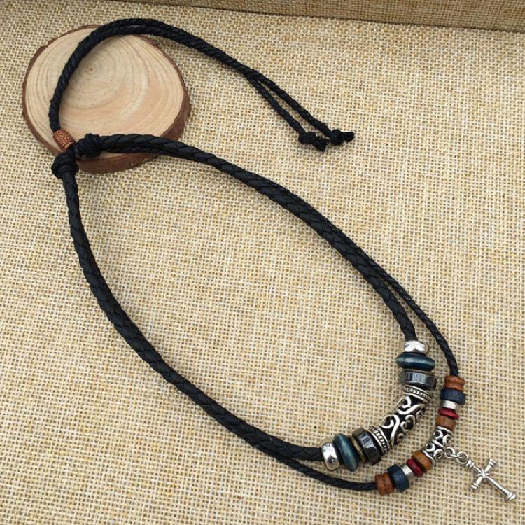 Ethnic Jewelry Leather Tribal Necklace with Crucifix Pendant for Women Men Gift
