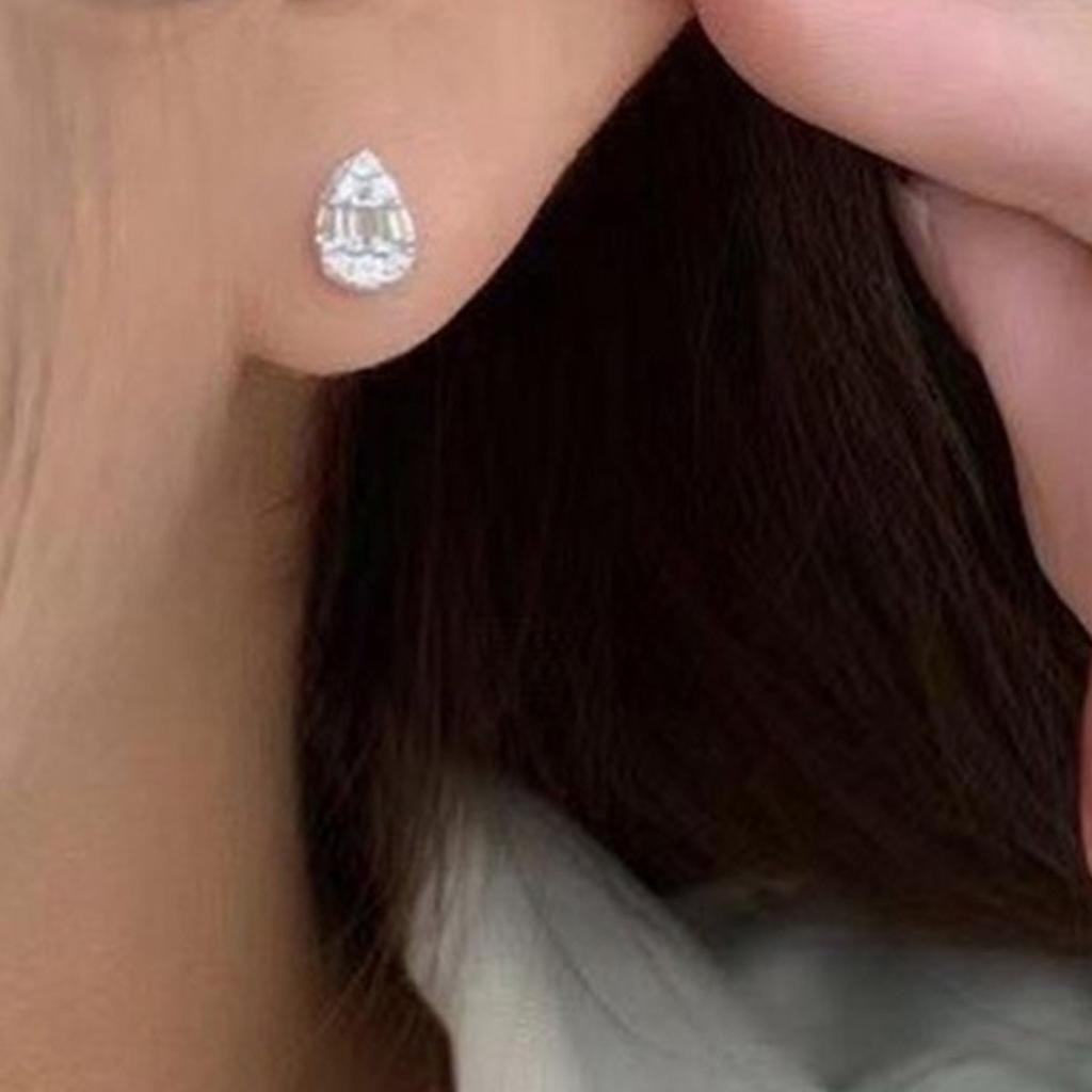 Teardrop Shape Mixed Round and Baguette Stone Halo Stud Earrings Two Tone Option Women Ear Jewelry