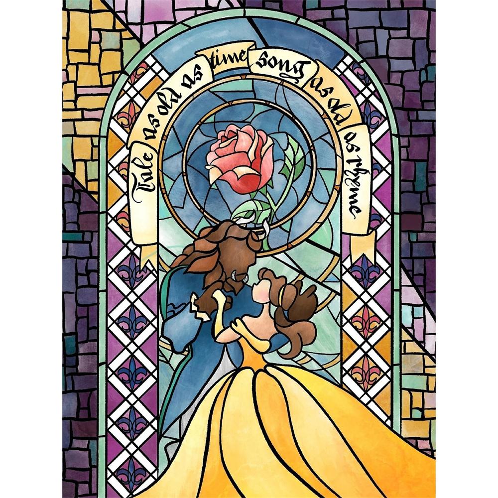 

Disney Diamond Painting Beauty and The Beast Stained Glass Art Illustration 5D Full Diamond Art Mosaic DIY Embroidery Cartoon Wall Decoration Round 20x30cm