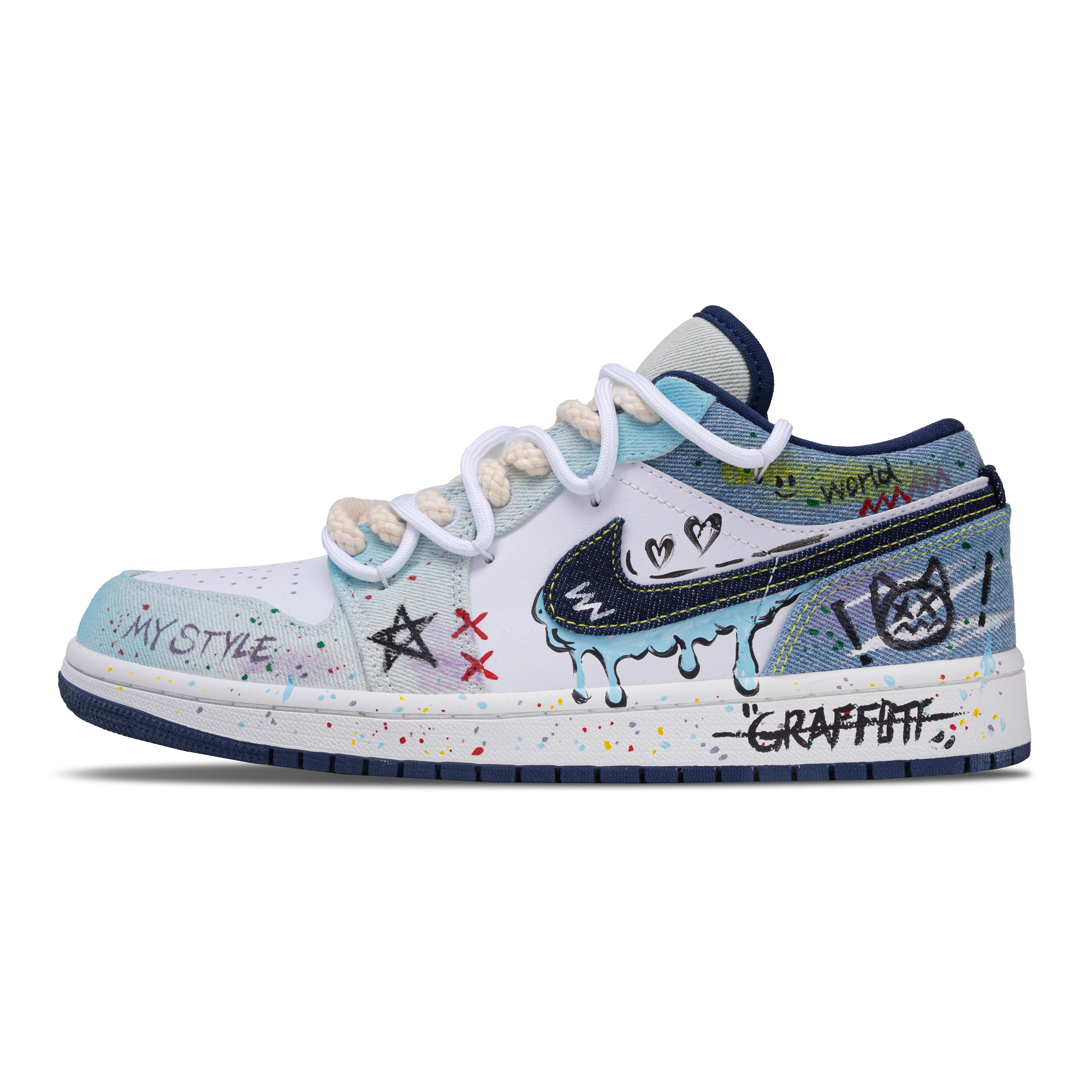 

Jordan Air Jordan 1 Graffiti Style Abrasion Resistant Low top Vintage Basketball Shoes Men s Denim Blue IH0648-141(Team420-) 44