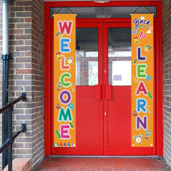 2Pcs Back To School Colorful Welcome Couplet Banner Door Wall Hanging Sign Flag