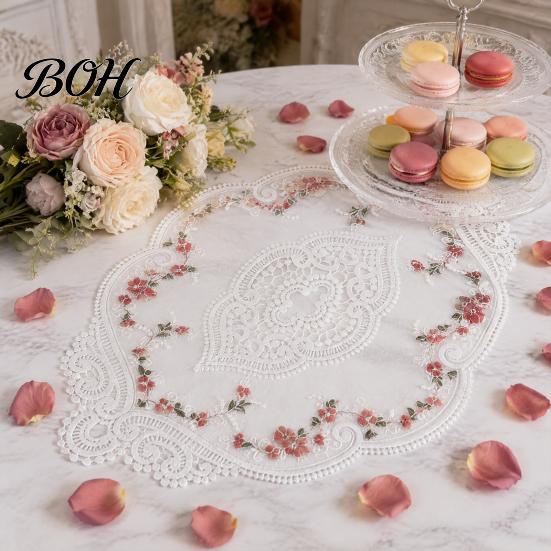 Floral Patterned Table Decor Embroidered Lace Doily, Vintage Style Sheer Placemat, Mat Decorative Covers for Parties Elegant Doilies Tea Party,