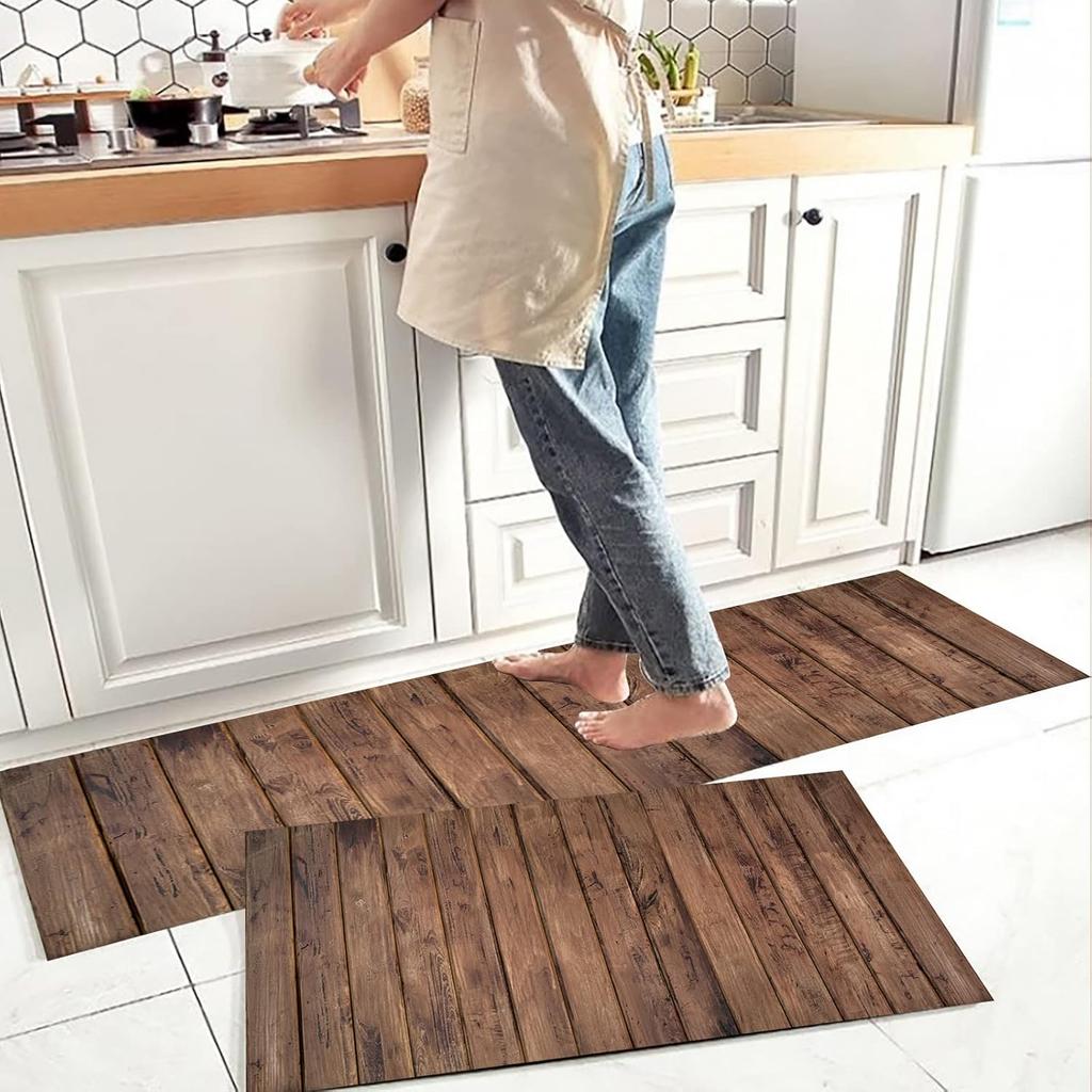 1/2PCS Vintage Wooden Kitchen Floor Mat Comfort Non-Slip Interior Area Foot Mat Home Decor Laundry Balcony Carpet