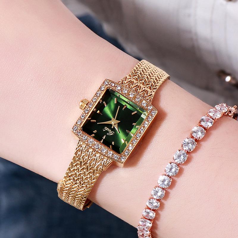 Mesh Belt Retro Square Women'S Watch With Diamonds, Women'S Quartz Watch 30M Waterproof