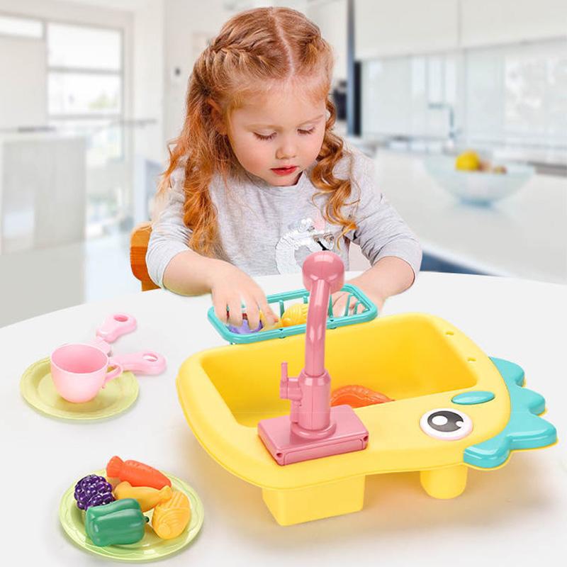 Toddler Sink Toy Play Sink with Running Water Automatic Water Cycle System Kitchen Kid Pretend Role Play Dinosaur Dishwasher Toy