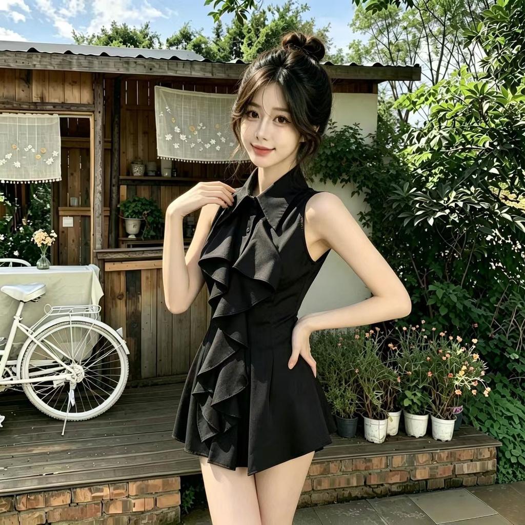 2026 summer niche medium and long temperament shirt white slim-fitting French lotus leaf POLO sleeveless shirt top women