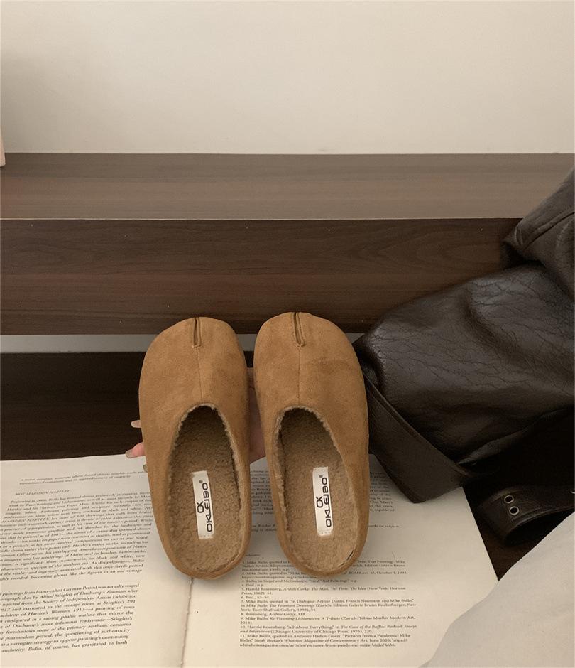 Suede Fake Split Toe Bag Head Half Slippers Women's 2025 Autumn and Winter New Versatile Soft Bottom Lazy One Pedal Velvet Cotton Mop