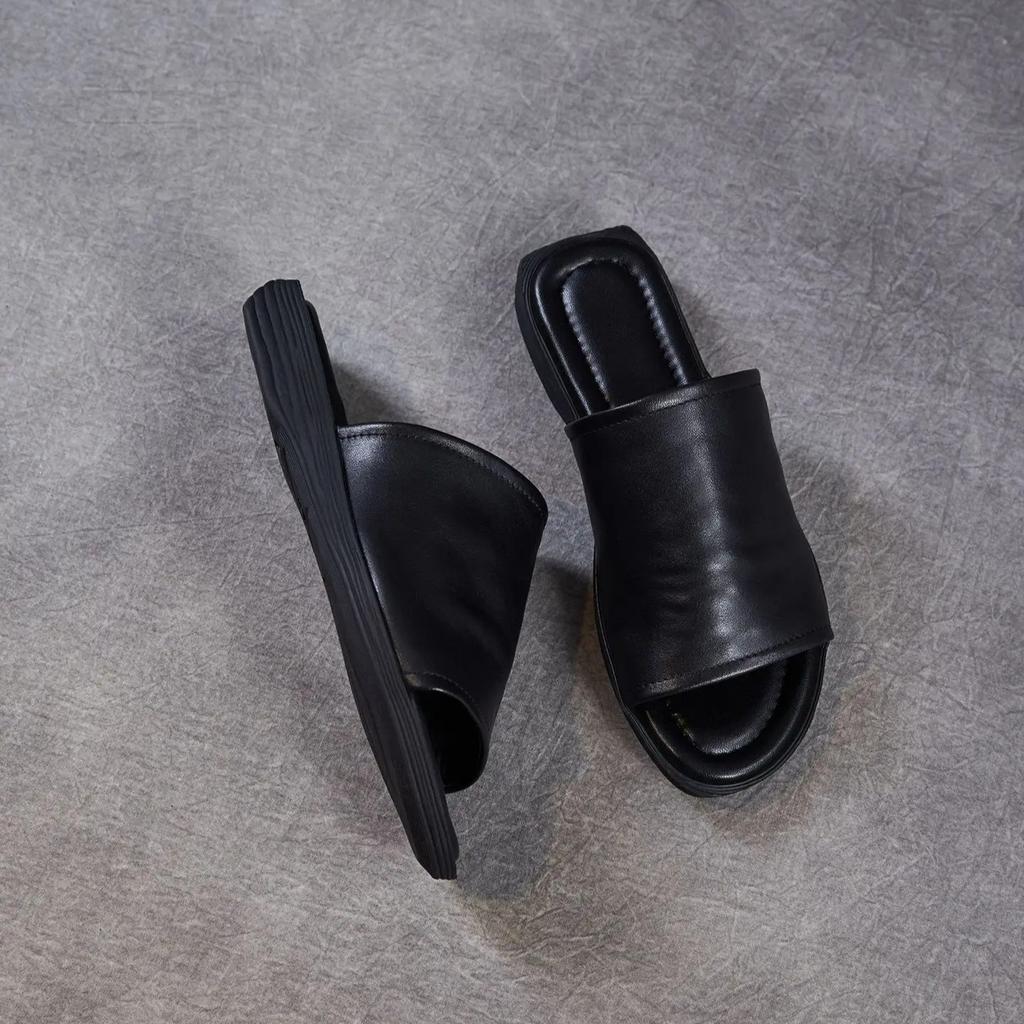 Johnature Retro Outerwear Slippers Genuine Leather Soft Soled Peep Toed Flat Women's Slides
