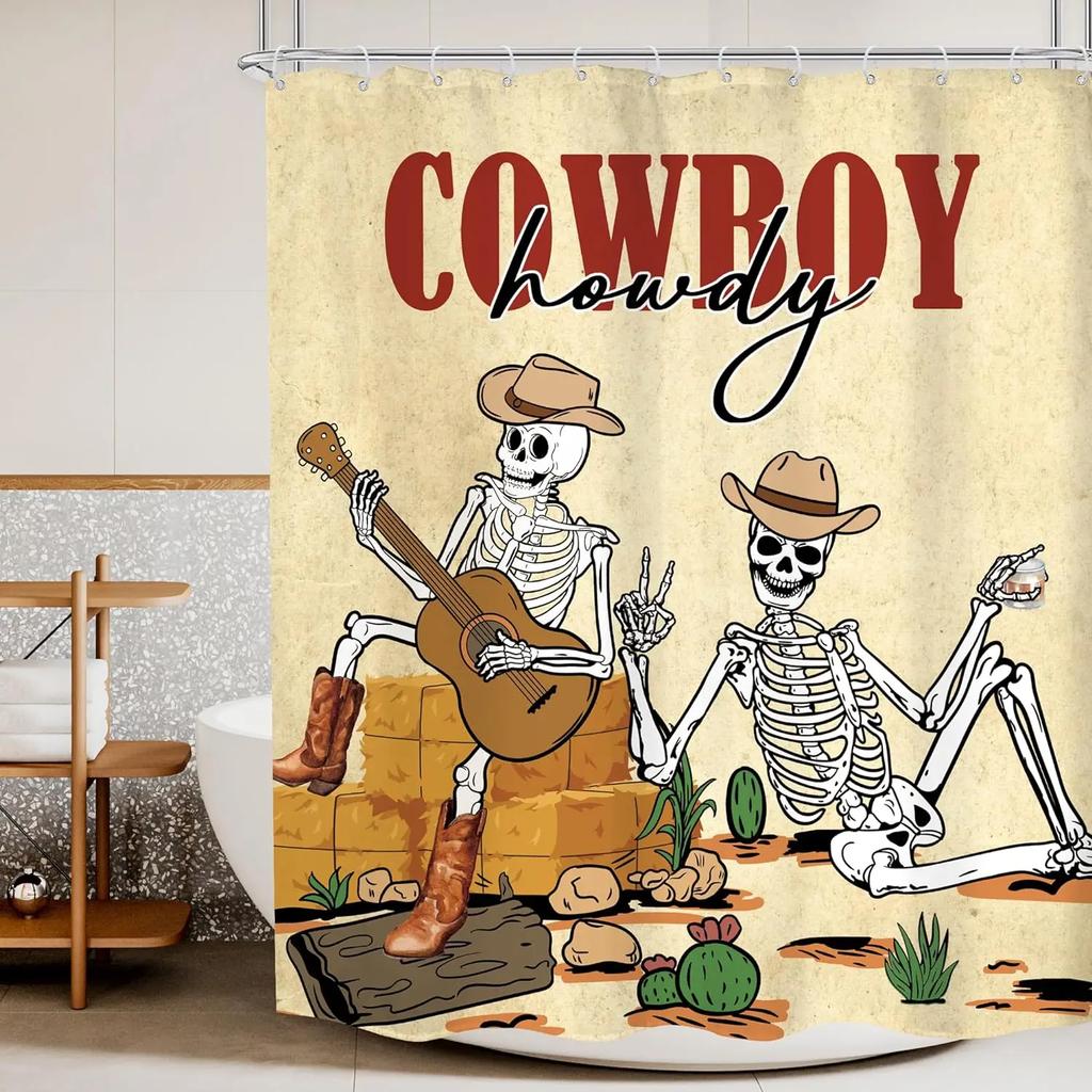 Vintage Western Schädel Gitarre Duschvorhang Lustiger Skelett Cowboy Howdy Gotisch Wilde Natur Wüste Duschvorhang Badezimmer Dekor