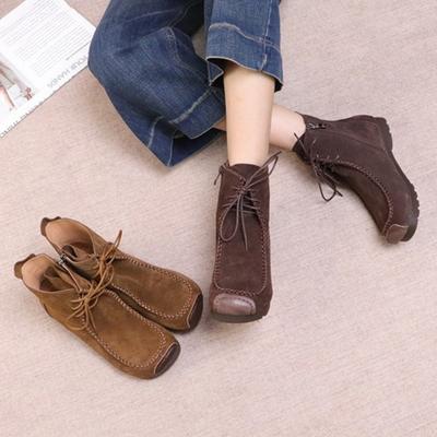 Retro Cow Suede Lace Up Short Boots Versatile Square Toe Soft Sole Comfortable Women's Ankle Boots