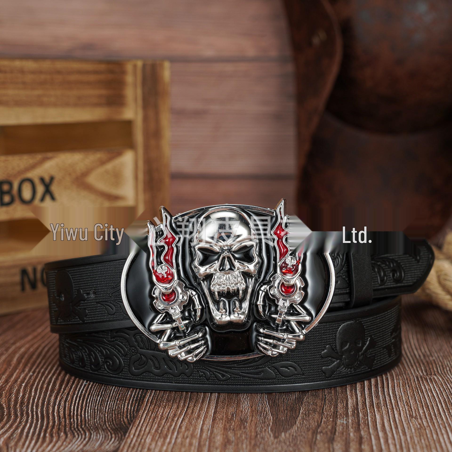 Retro Heart Sunglasses & Skull Embossed Leather Unisex Belt Set 120cm