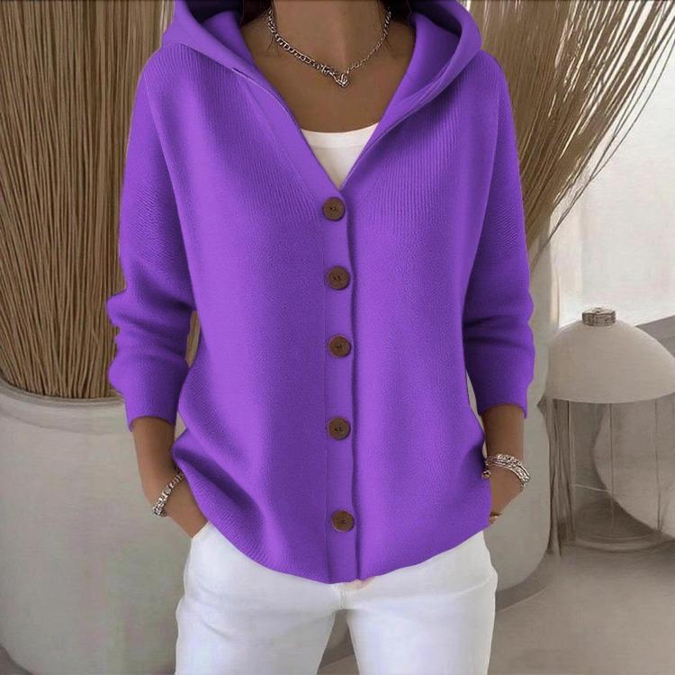 Autumn Winter Knitted Hooded Sweater Cardigan Button Casual Fashion Solid Color Women Wear