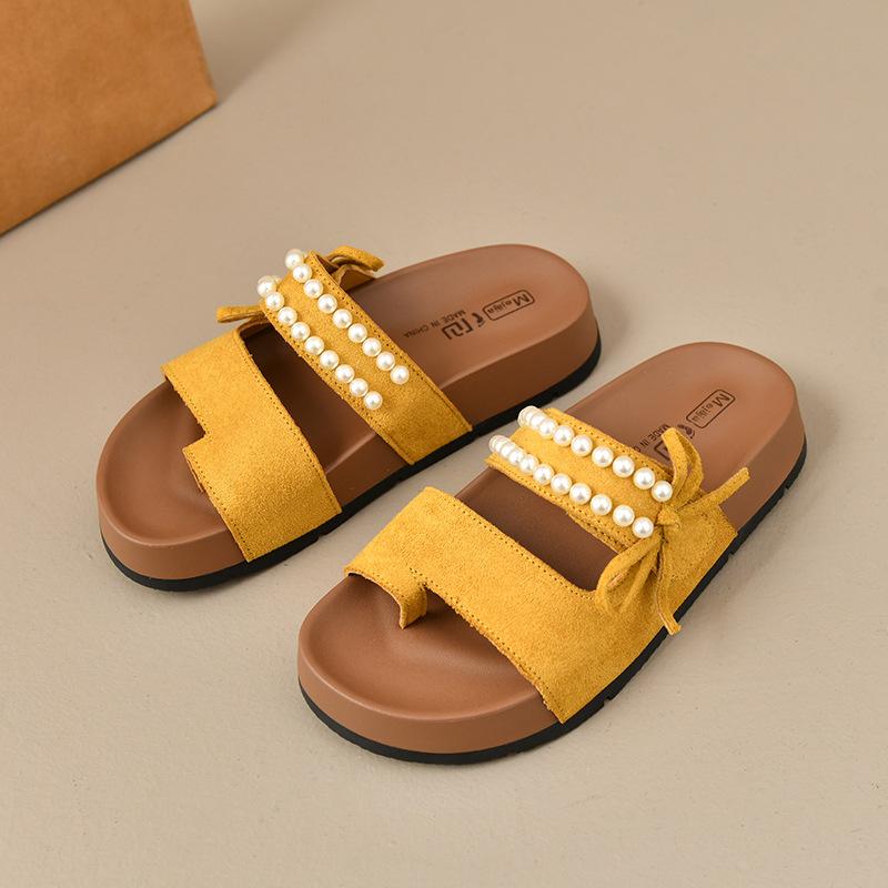One-and-a-half slippers women's summer wear new pearl one-pedal shoes flat sandals lazy sandals