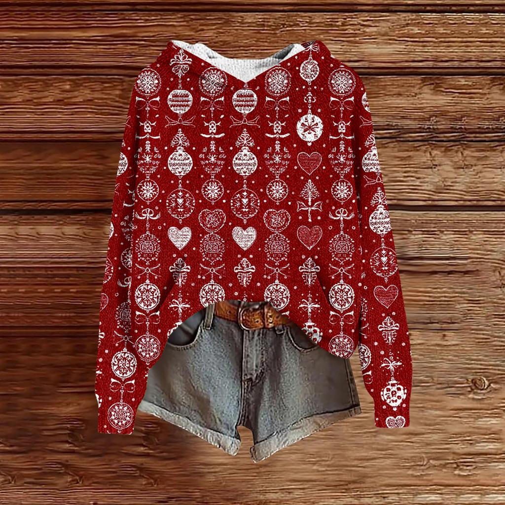 Women's Fashion Casual Long Sleeve Christmas Print Hooded Knitted Sweatshirt