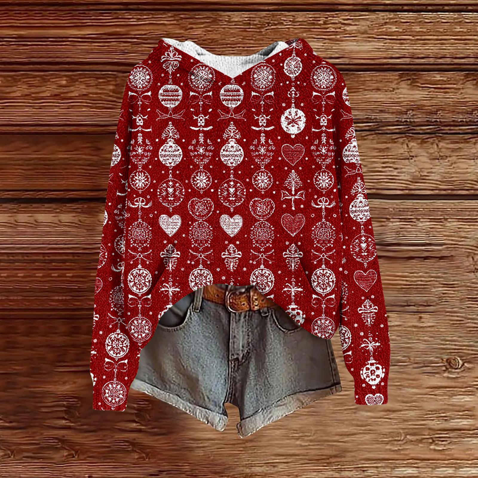 

Женский модный повседневный трикотажный худи с длинным рукавом и рождественским принтом XL винный