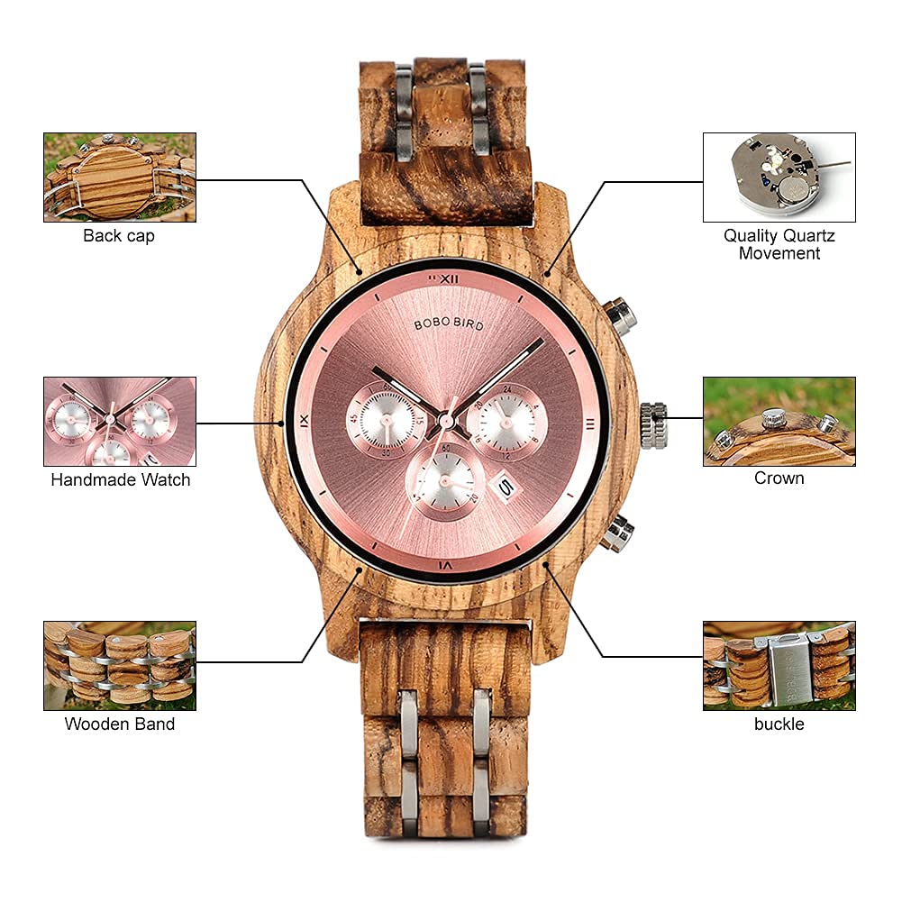 BOBO BIRD Wooden Pair Watches with Gift Box, Analog, Japanese Quartz Movement, Chronograph, Lightweight, Date Display, Stopwatch, Men's & Women's, Cou