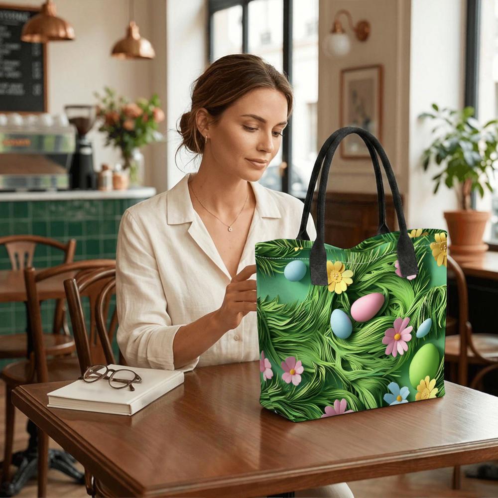  Easter Style Tote Bag Floral Grass Printed Large Capacity Casual Daily Handbag for Shopping Travel