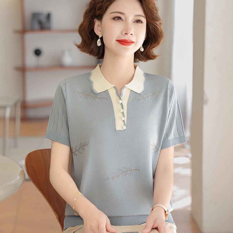 

Mom s Summer Ice Silk Lapel Blouse - Stylish Short-Sleeved Top for Middle-Aged & Elderly Women L (100-115 Jin)