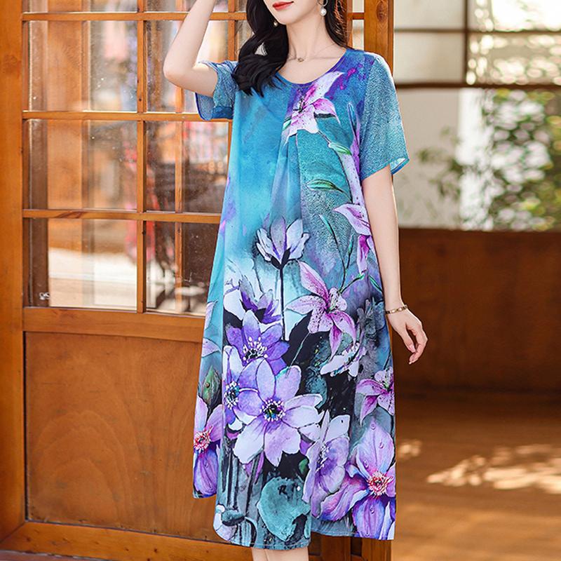 Summer Elegant Long Dresses for Women Plus Size Loose Short Sleeve Vintage Print Women's Dress