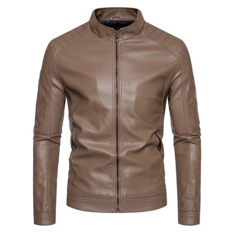 Mens PU Leather Biker Jacket Stand Collar Slim Fit Casual Motorcycle Coat