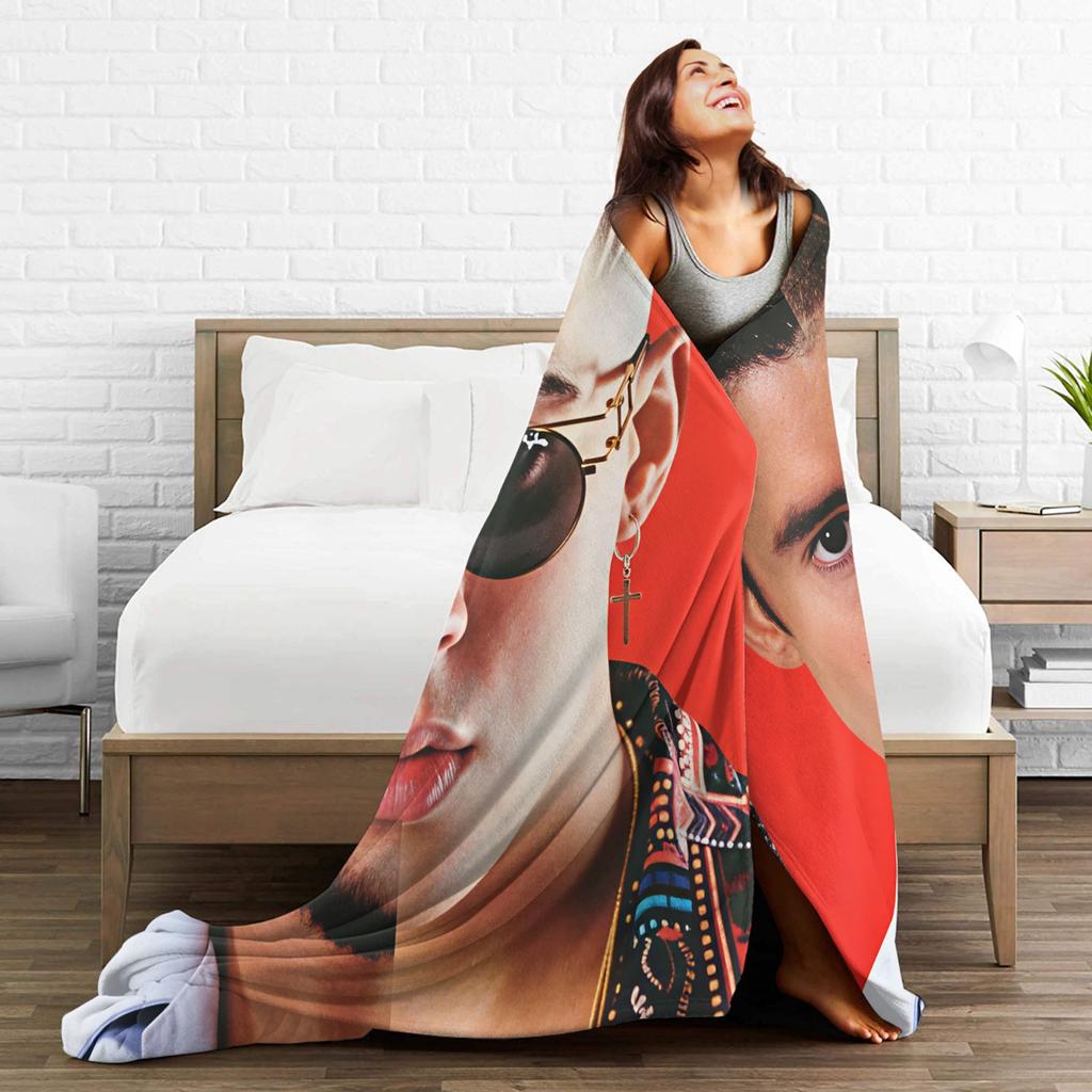 Bad Bunny Puerto Rican Rapper Portrait Blanket Warm Fashion Plush Throw Blanket For Child Bedroom Flannel Bedspread Bed Cover
