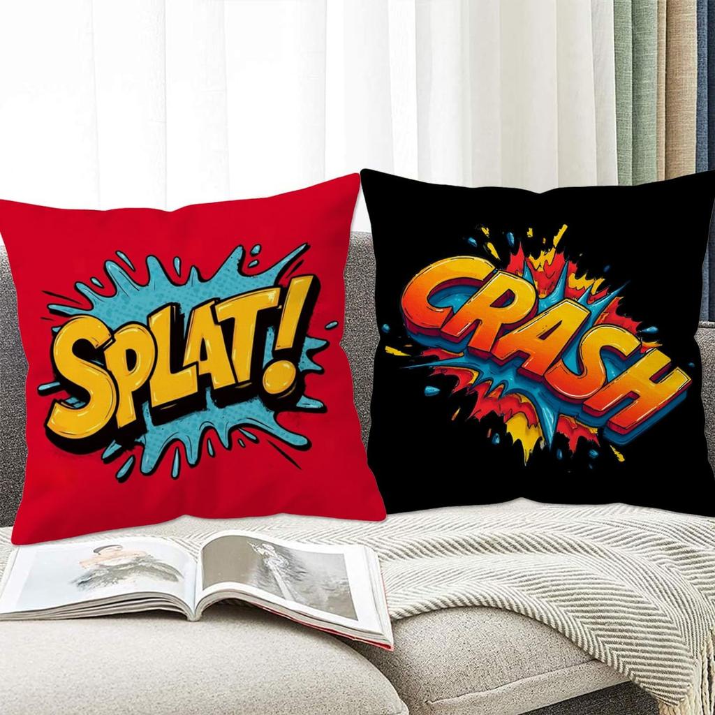 Set of 4 Super Hero Comic Throw Pillow Covers 18x18 Inch, Colorful Pop Art Decorative Cushion Covers with Splat Bam Zap Crash Designs for Sofa Couch