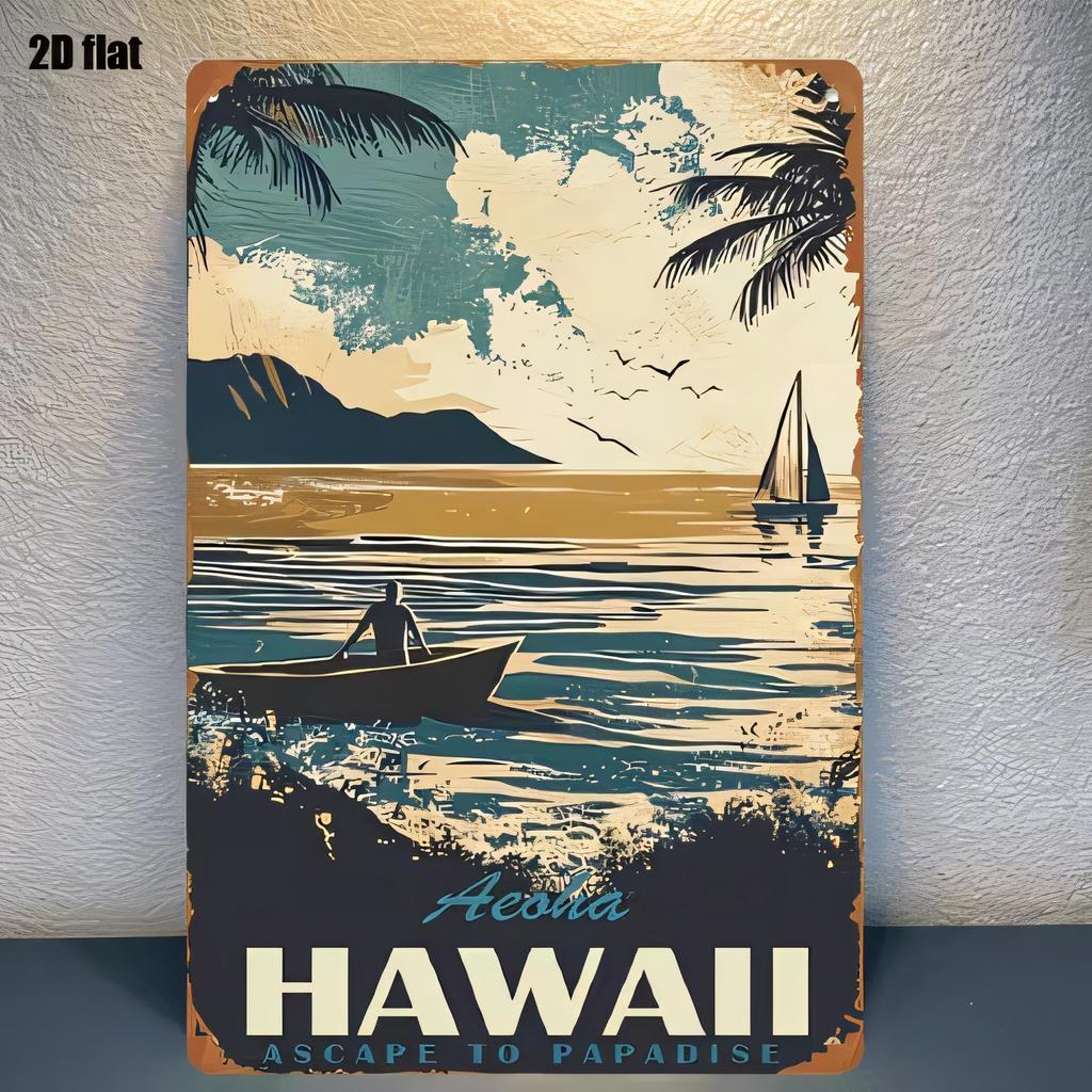 Tin Sign Hawaii Beach Ocean Sailboat Vintage Metal Poster Wall Art Decor Retro Coastal Landscape Artwork Aloha Escape to Pa