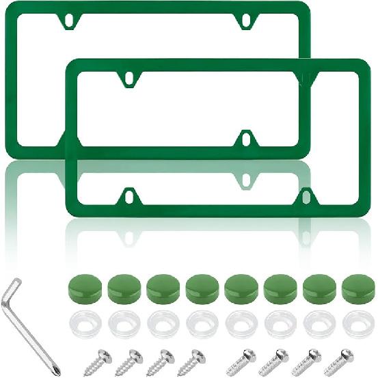 2PCS Colorful Car License Plate Frames With Gaskets Screws & Caps,Stainless Steel 4 Holes License Plate Holder Fits U.S. Standard,Universal Car