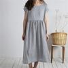 Medium Length Skirt, Round Neck, Short Sleeved Solid Color, Loose Casual Cotton and Linen Dress for Women