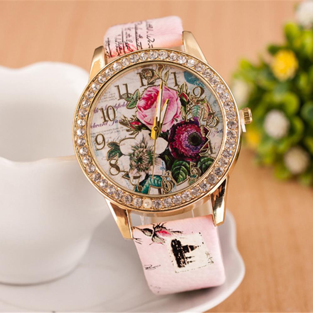 Women Rhinestone Inlaid Flower Round Dial Faux Leather Band Quartz Wrist Watch Fashion Quartz Wrist Watch Women