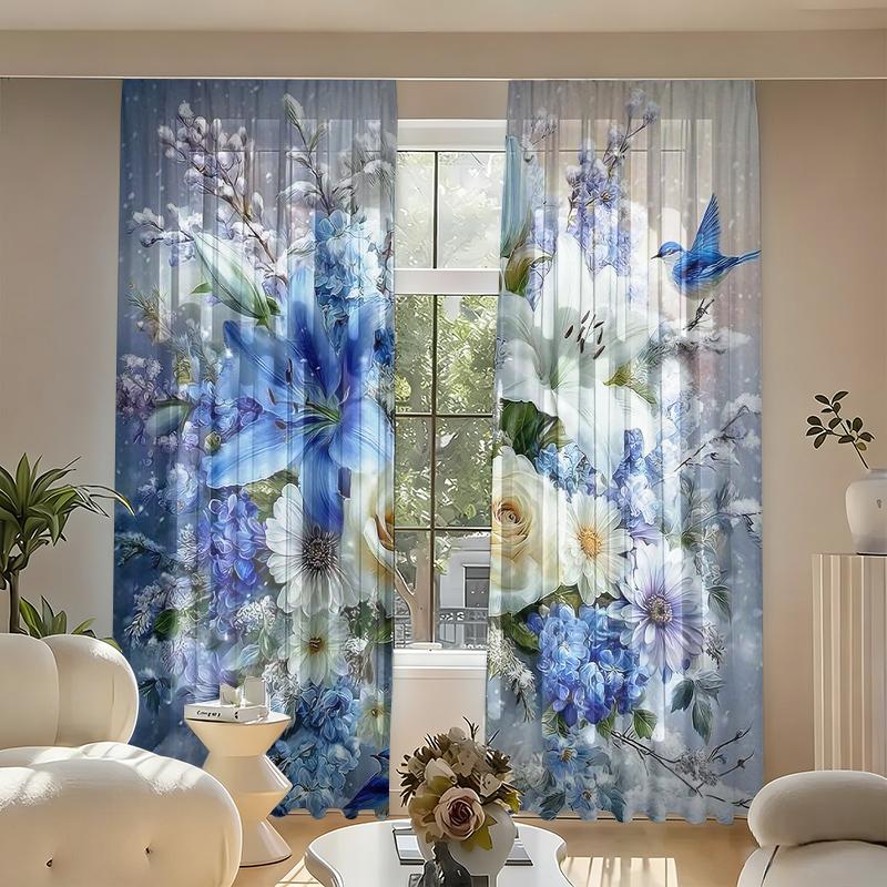 2-Pack Blue Floral and Bird Print Curtains, Rod-Pocket Style Polyester Light-Filtering Curtains, Floral and Bird Pattern Light-Filtering Curtains