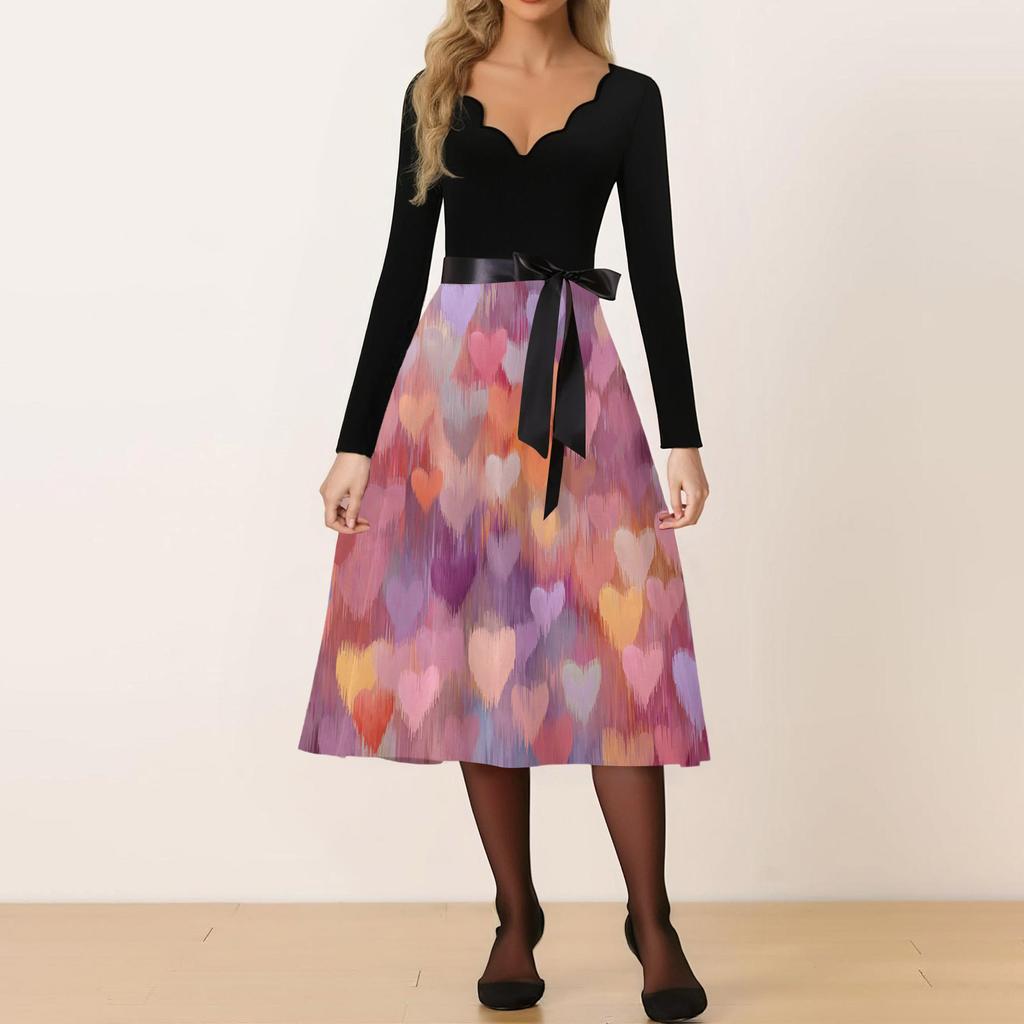 Damen Casual Mode V-Ausschnitt Valentinstag Print Retro Kleid