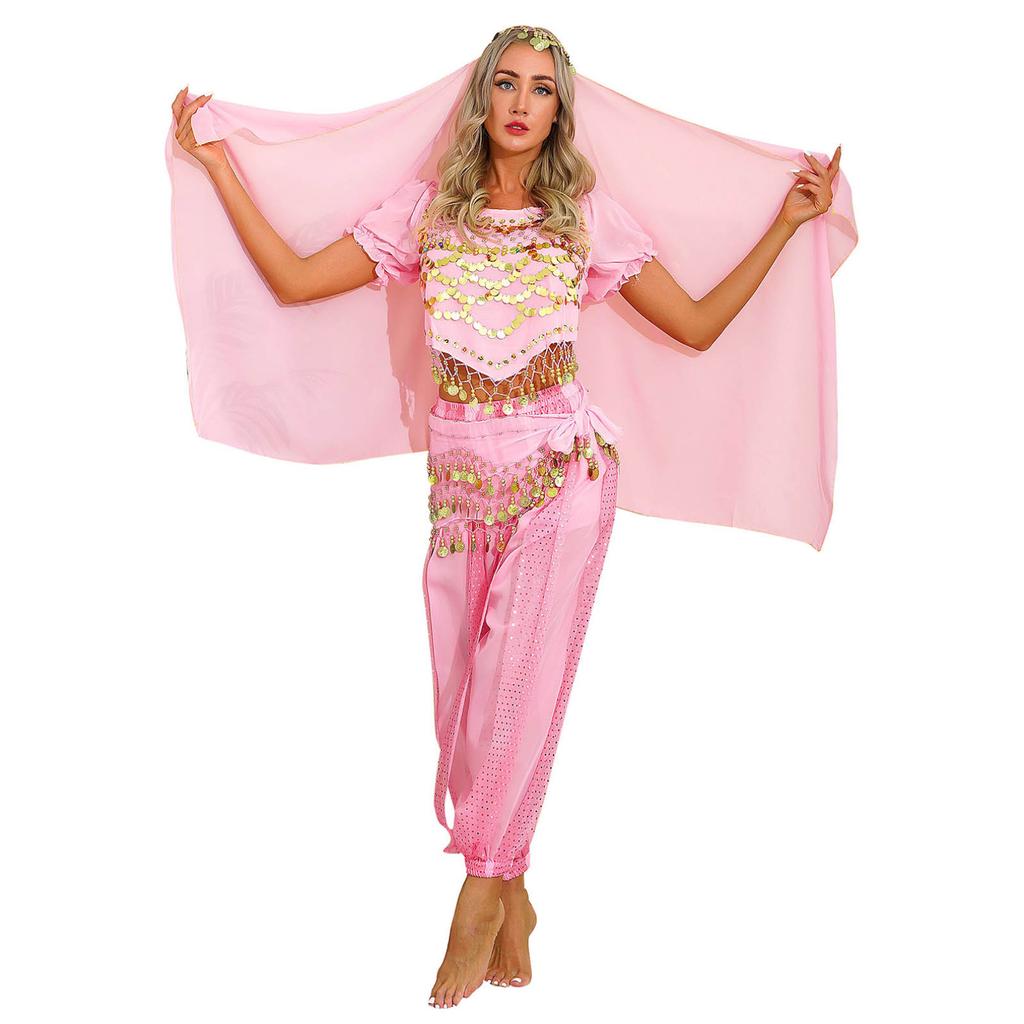 BONOCO Vrouwen Buikdans Halloween India Dans Kostuum Set Top Harembroek Hip Sjaal Hoofddoek (Color : Lake Blue BONOCO Vrouwen Buikdans Halloween India Dans Kostuum Set Top Harembroek Hip Sjaal Hoofddoek (Color : Lake Blue