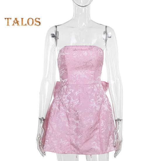 Women Evening Dress Big Bow Decor Bandeau Off Shoulder Floral Texture Sleeveless Lace-up A-line Backless Prom Cocktail Party Ball Gown Summer Mini