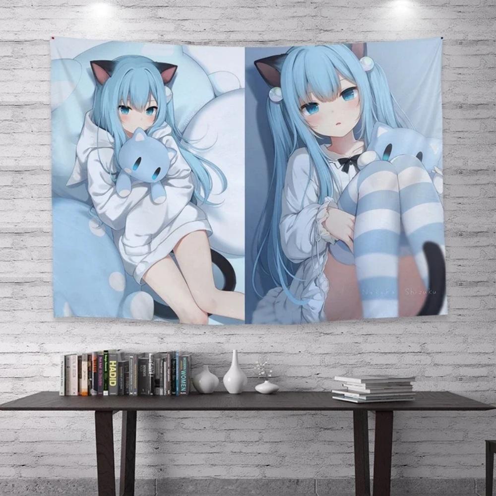 Kawaii Anime Girl Peeking Tapestry  Light Blue Wall Hanging with Cute Chibi Cat Ideal for Pastel Otaku Bedroom Decor 74x94cm(29x37in)