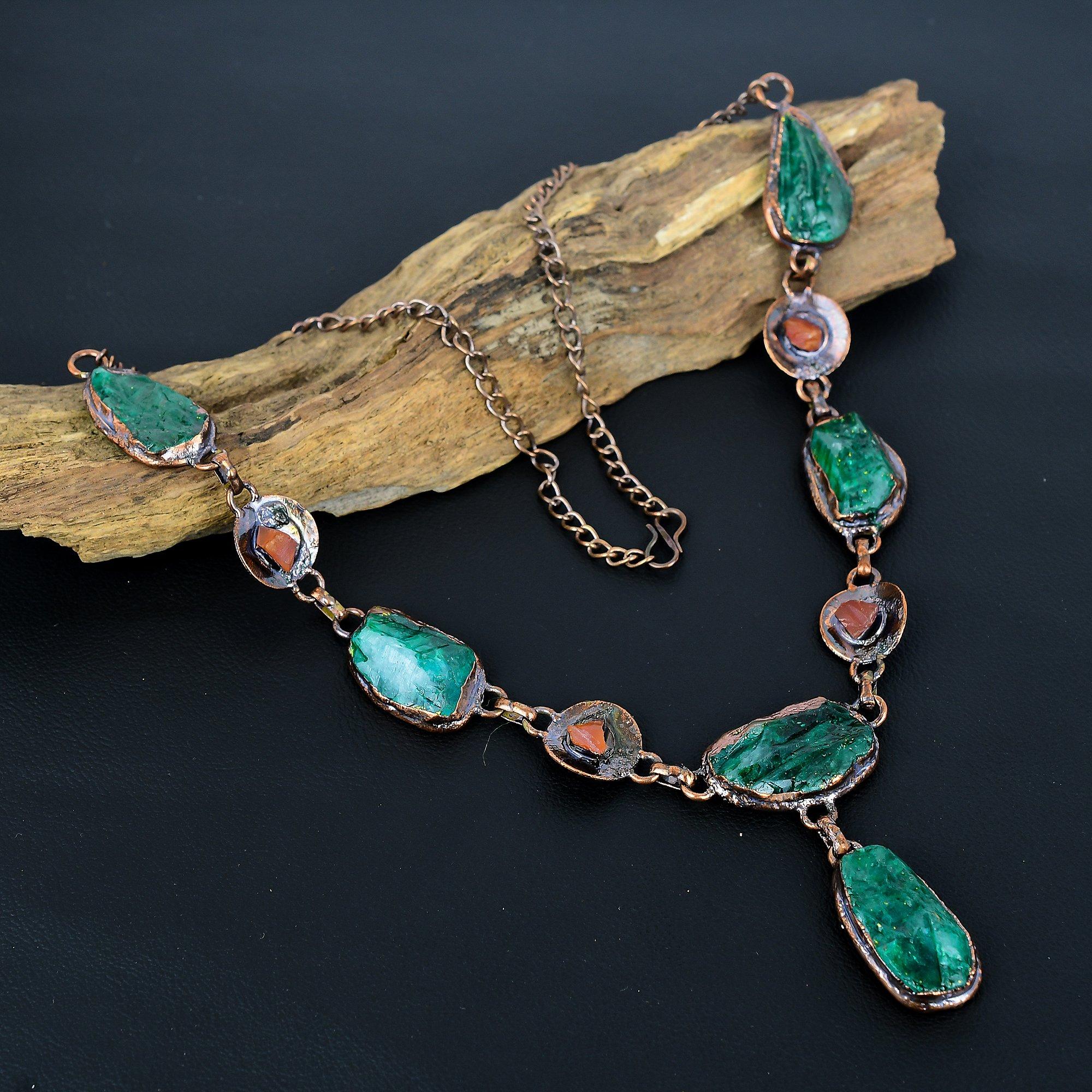 

Emerald & Carnelian Handmade Gemstone Necklace, Copper Electroformed Necklace Antique Jewelry, Adjustable Necklace Engagement Gift
