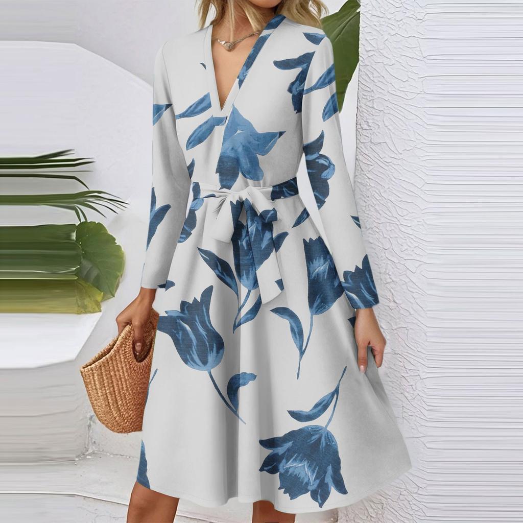 Women's Fashion Casual V-Neck Long Sleeve Waist Floral Print Midi Dress