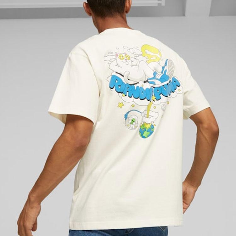Puma X Ripndip Colaborare Model Pisică Logo Imprimat Drept Lejer Gât Rotund Litere Confortabil American Vintage Mânecă Umeri Tricou 622196-65